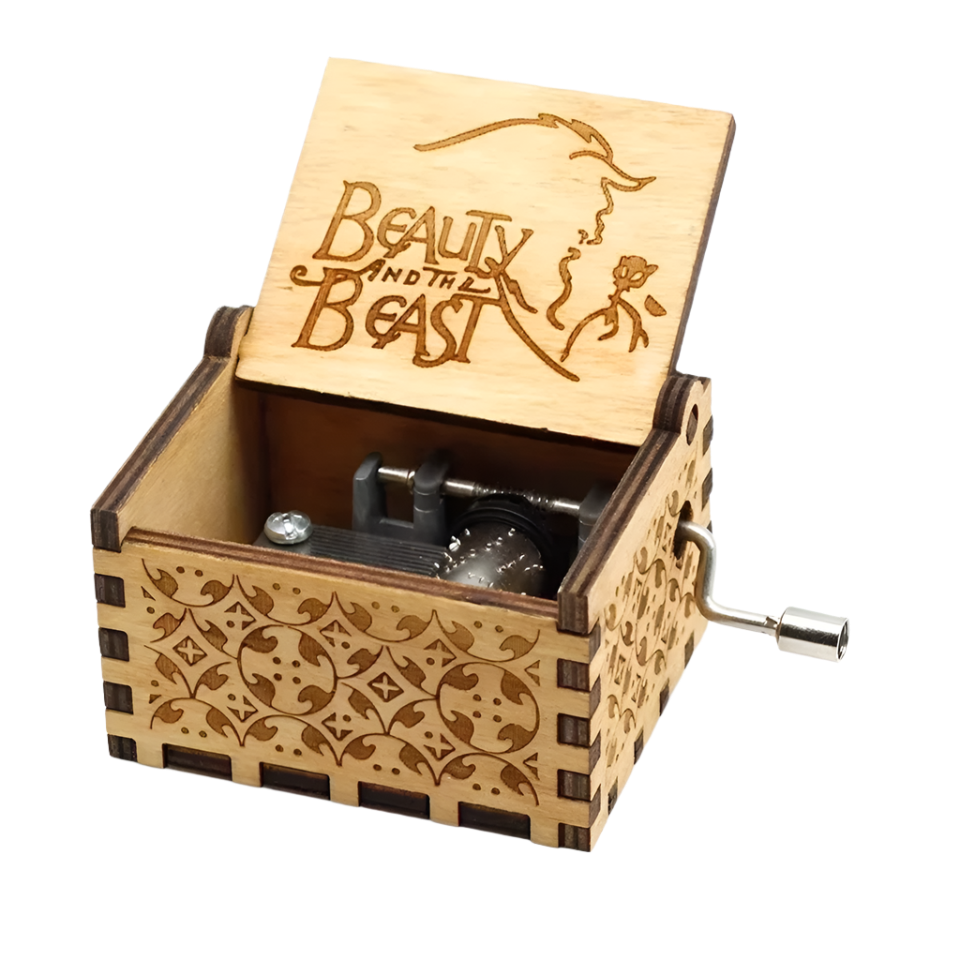Fairytale-inspired wooden music box, plays the Beauty and the Beast theme, engraved with enchanted rose.