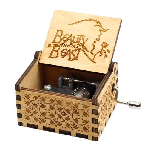 Fairytale-inspired wooden music box, plays the Beauty and the Beast theme, engraved with enchanted rose.