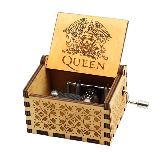 Rock-inspired wooden music box, engraved with Queen logo, plays "Bohemian Rhapsody".