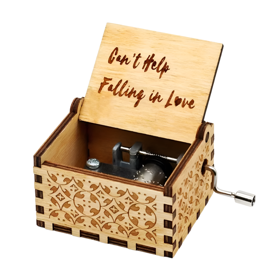 Romantic wooden music box with delicate carvings, plays "Can’t Help Falling in Love" by Elvis Presley.