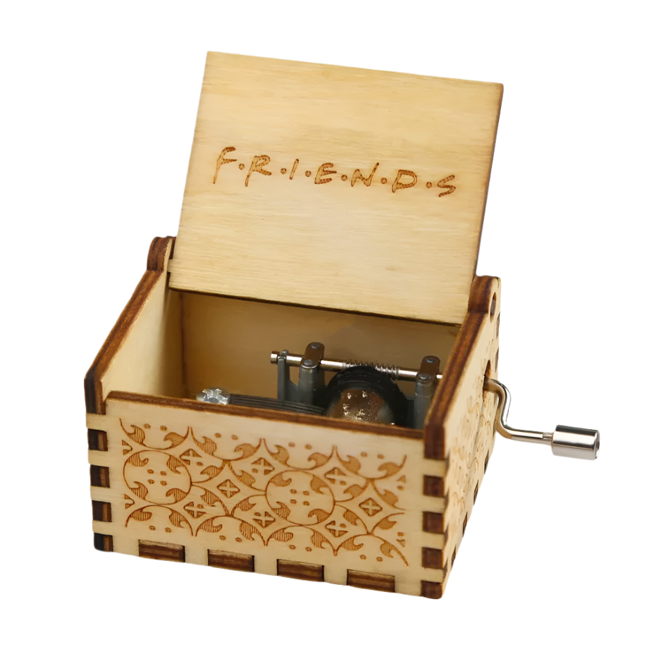 Handcrafted wooden music box engraved with Friends TV Show logo, plays "I'll Be There for You".