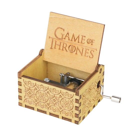 Intricately designed wooden music box with Westeros symbols, plays the Game of Thrones theme.