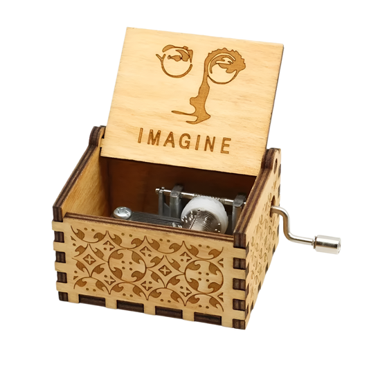 Minimalist wooden music box, plays "Imagine" by John Lennon with peaceful, engraved design.