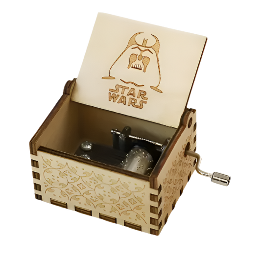 Handmade wooden music box featuring Star Wars logo, plays the iconic Star Wars main theme.