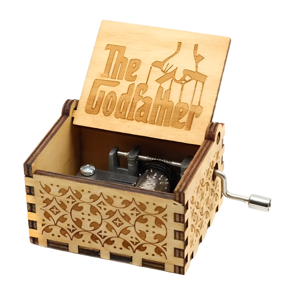 Classic wooden music box with vintage styling, plays The Godfather theme by Nino Rota.