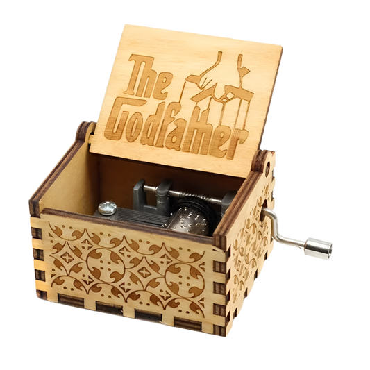 Classic wooden music box with vintage styling, plays The Godfather theme by Nino Rota.