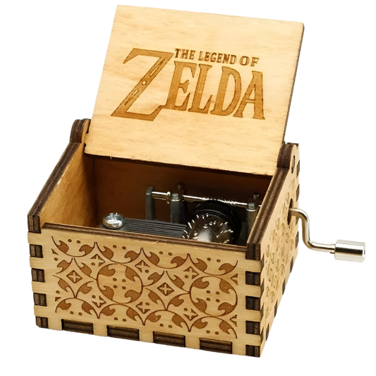 Wooden music box with Triforce symbol, plays iconic Legend of Zelda theme.