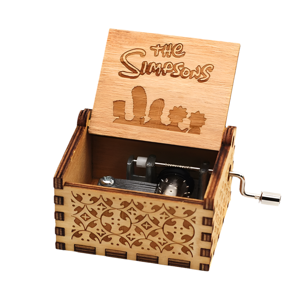 Engraved wooden music box with The Simpsons logo, plays the show’s classic theme song.