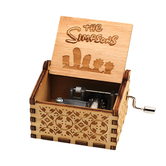 Engraved wooden music box with The Simpsons logo, plays the show’s classic theme song.