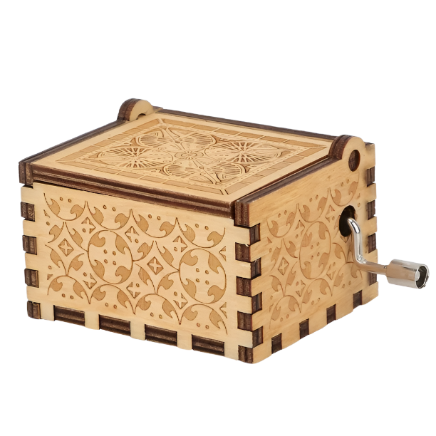 Closed handcrafted wooden music box showcasing detailed engraving on the lid, compact and elegant design.