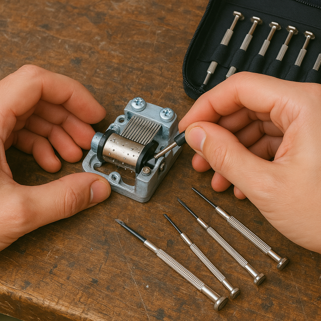 Using a set of small screwdrivers to assemble a music box mechanism